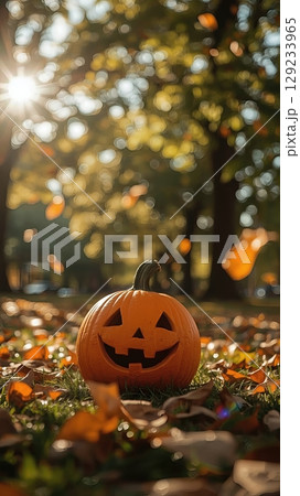 Brightly carved pumpkin with a cheerful face sits on grass surrounded by autumn leaves, capturing the essence of Halloween festivities and seasonal charm 129233965