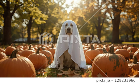 Dog covered with a white sheet resembling a ghost, surrounded by pumpkins in a vibrant autumn park, capturing a playful Halloween spirit 129233966
