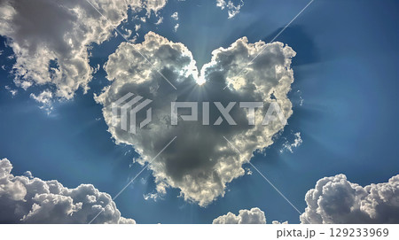 Heart-shaped clouds in a bright blue sky create a romantic atmosphere perfect for Valentine's Day celebrations and expressions of love 129233969