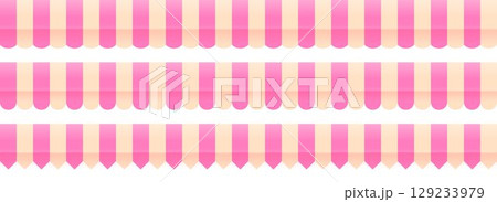 Striped shop tent repeated design set. Store window awning pattern collection. Cafe or restaurant roof canopy pack. Pink and cream stall market place cover. Repeating stripe sunshade design. Vector 129233979