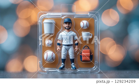 Close-up of a figurine of a baseball player with removable accessories on an isolated background 129234209