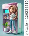 Cheerful young woman in a diorama with serene expression and cat design t-shirt 129234210