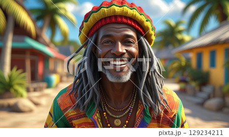 Joyful Caribbean Man with Dreadlocks Radiating Happiness in a Vibrant Tropical Setting, Portrait 129234211