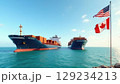 International Trade and Commerce Container Ships and National Flags of USA and Canada 129234213