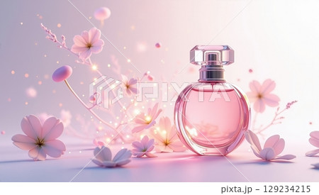 Romantic Perfume Bottle with Delicate Floral Accents, Creating an Elegant Still Life Composition. Romantic Perfume Bottle with Delicate Floral Accents, Creating an Elegant Still Life Composition. 129234215