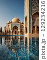 Majestic Mosque Architecture Reflected in Tranquil Waters, a Serene Oasis of Islamic Art 129234216