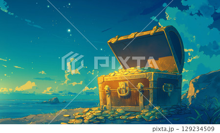 朝日に照らされる海の宝箱、アニメ風 129234509