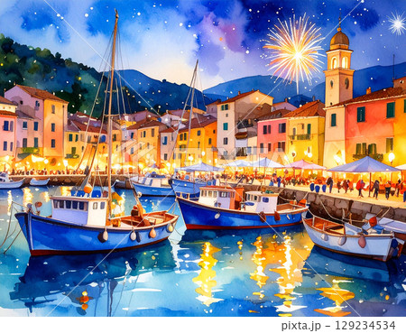 港 生成AI 水彩 背景 港 生成AI 水彩 背景 129234534