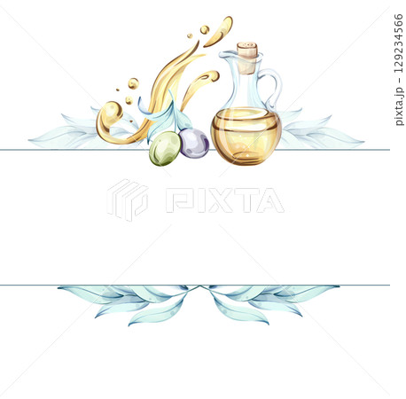 Experience the beauty of olives and olive oil in a vibrant watercolor illustration celebrating Italian culinary traditions frame, border, arrangement 129234566