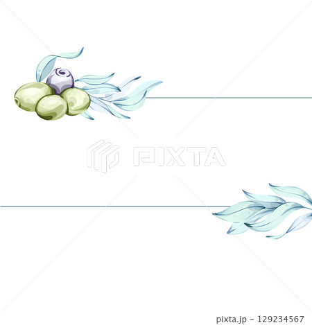 Delicious olives and olive oil illustrated in watercolor showcasing Italian culinary beauty, frame, border, arrangement 129234567