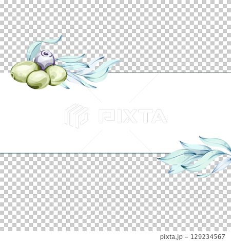 Delicious olives and olive oil illustrated in watercolor showcasing Italian culinary beauty, frame, border, arrangement 129234567