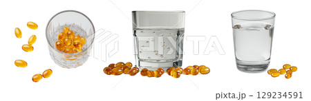 Gelatin capsules next to glasses of water, created with AI, PNG 129234591
