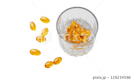 Gel capsules scattered by a water glass, created with AI, PNG Gel capsules scattered by a water glass, created with AI, PNG 129234596