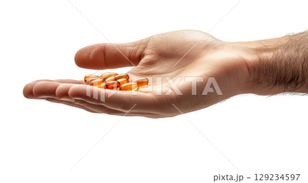 Person's palm holds clear orange capsules, created with AI, PNG 129234597