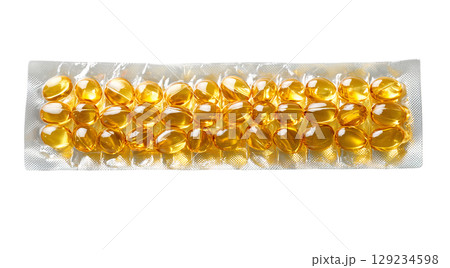 Yellow softgel capsules in a blister pack, created with AI, PNG 129234598