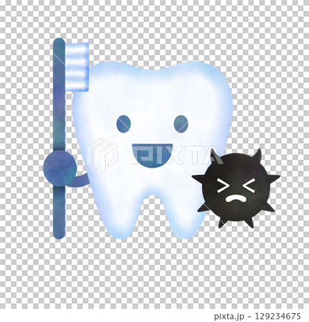 水彩人物插圖：微笑的牙齒拿著牙刷，哭泣的細菌 129234675