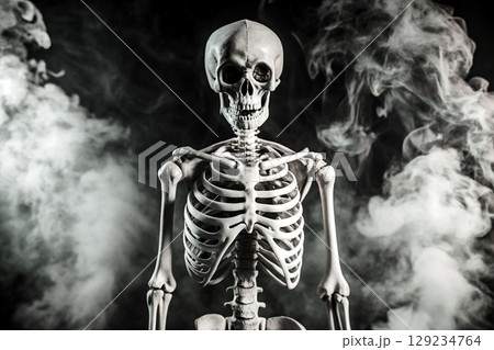 Black white cool skeleton on smoky backdrop 129234764