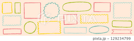Doodle brush crayon shape color frame set. Hand drawn crayon pencil box, pastel rough chalk texture square border. Cute cartoon paint frame circle, square background design. Vector Doodle brush crayon shape color frame set. Hand drawn crayon pencil box, pastel rough chalk texture square border. Cute cartoon paint frame circle, square background design. Vector 129234799