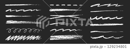 Chalk line underline brush set. Hand drawn crayon and pencil stroke with chalk texture and grunge mark for kid chalkboard design. Doodle border crayon underline in sketch style. Vector 129234801