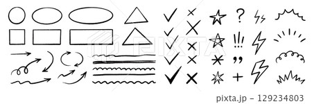 Chalk check mark arrow collection. Blackboard doodle style symbols, sketchy pencil quotes, checkboxes and hand drawn crayon underline. Pencil chalk stroke texture highlight, arrow. Vector Chalk check mark arrow collection. Blackboard doodle style symbols, sketchy pencil quotes, checkboxes and hand drawn crayon underline. Pencil chalk stroke texture highlight, arrow. Vector 129234803