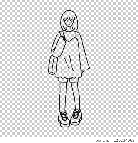 キャミソールワンピコーデの女性 線画 キャミソールワンピコーデの女性 線画 129234965
