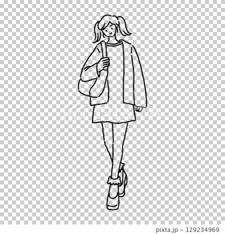 ワンピースコーデの女性 線画 ワンピースコーデの女性 線画 129234969