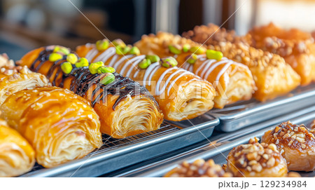 Assorted pastries with nuts and chocolate topping displayed on metal trays 129234984