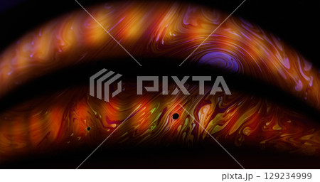Liquid flare texture. Defocused arch. Colorful ink light spilling in emulsion. Pigment curl flow abstract black background free space. 129234999
