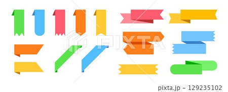 Bookmarks and ribbon banners set. Colorful note and mark elements collection. Different labels and badges pack for promotion, product decoration, price tag, discount sticker. Vector bundle 129235102
