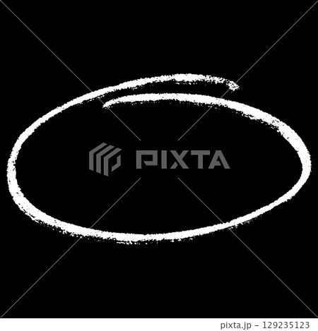 White crayon sketch oval shape on black background, scribble chalk, pencil horizontal round figure, doodle kids drawing 129235123