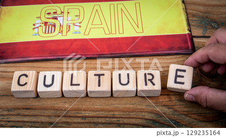 Spain Culture Concept with Wooden Blocks and National Flag 129235164