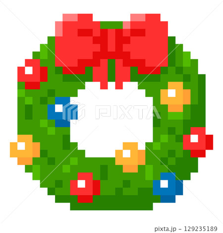 Christmas wreath vector pixel art, cartoon 8 bit retro video game green fir tree wreath with red bow and colorful balls 129235189