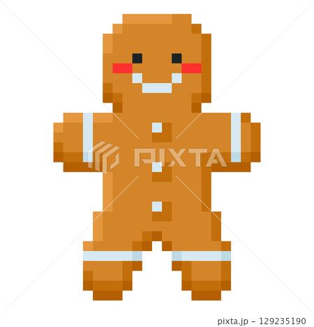 Gingerbread sweet cookie vector pixel art, traditional New year and Christmas holiday treat, festive bakery decoration 129235190