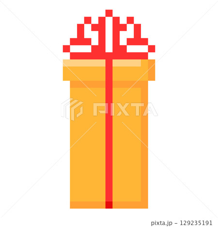 Vector pixel gift box, rectangular, yellow with a red bow, 8 bit. 129235191