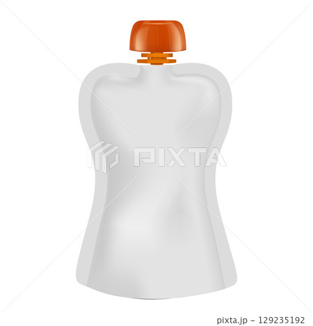 Blank flexible pouch up bag mockup with orange spout lid, vector realistic 3D doypack food or drink products bag package 129235192