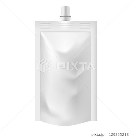 Pouch up bag mockup with spout lid, vector realistic 3D doy-pack foil food or drink products bag packaging, front view 129235218