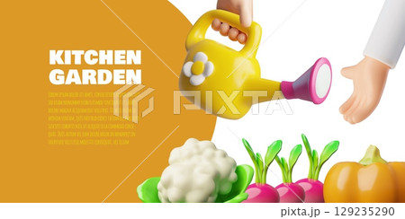 3D banner, hands holding watering can, with orange frame for text, pumpkin, radish, cauliflower. 3D banner, hands holding watering can, with orange frame for text, pumpkin, radish, cauliflower. 129235290