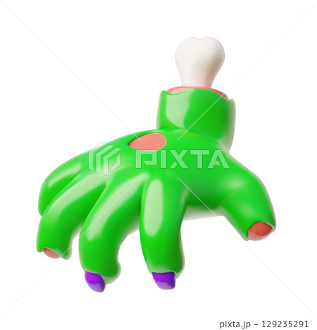 3d Decaying green zombie arm, with protruding bone, exposed flesh, Halloween. 129235291
