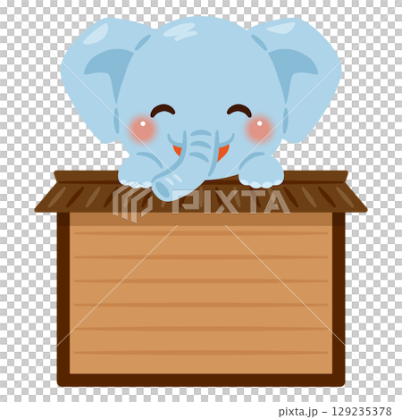 Smiling elephant character illustration riding a wooden sign Smiling elephant character illustration riding a wooden sign 129235378