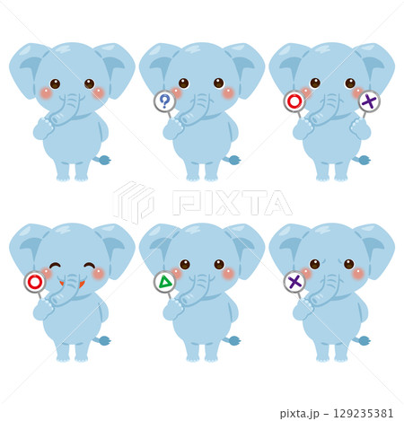 ○×△の札を持ったゾウのキャラクターイラストセット 129235381
