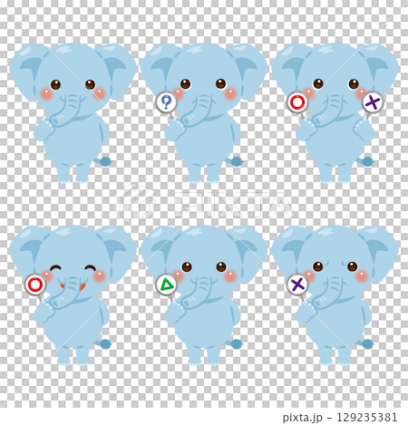 Set of elephant character illustrations holding circle, circle, triangle, and triangle cards 129235381
