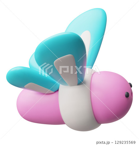 3d vector butterfly side view, pink with blue wings, flying. 129235569