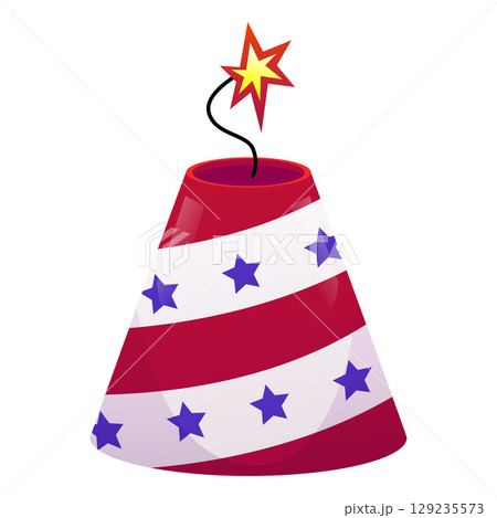 Cone firecracker with American flag symbols, red stripes and blue stars, burning fuse. Cone firecracker with American flag symbols, red stripes and blue stars, burning fuse. 129235573