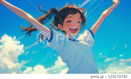 夏の青空と両手を広げてジャンプするツインテールの体操服の女の子、アニメ風 129235591