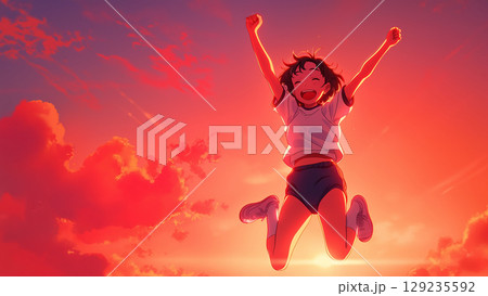 夕焼けの空で両手を広げてジャンプするツインテールの体操服の女の子、アニメ風 129235592