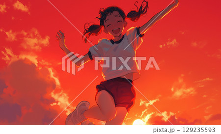茜空と両手を広げてジャンプするツインテールの体操服の女の子、アニメ風 129235593