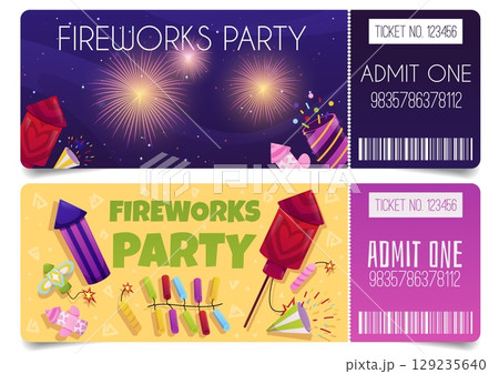 Two bright tickets to a party with fireworks, with a tear-off part, with a number and a barcode. 129235640