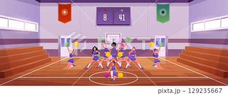 School gym, interior, cheerleader performance, wooden stands, scoreboard, windows, door, marking. 129235667