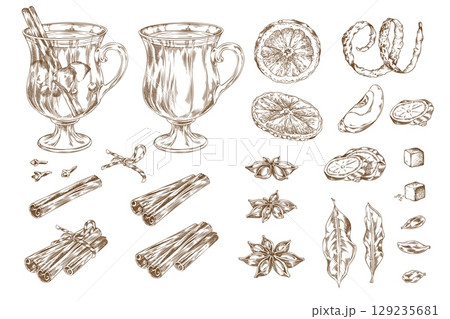 Monochrome mulled wine set: glasses, orange slices, zest, apple, ginger, cinnamon stick, cloves. Monochrome mulled wine set: glasses, orange slices, zest, apple, ginger, cinnamon stick, cloves. 129235681