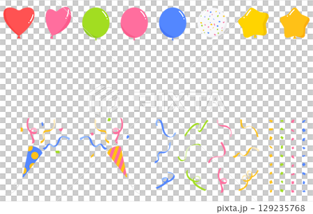 風船、クラッカー、紙吹雪、テープのセット、デコレーション素材 129235768